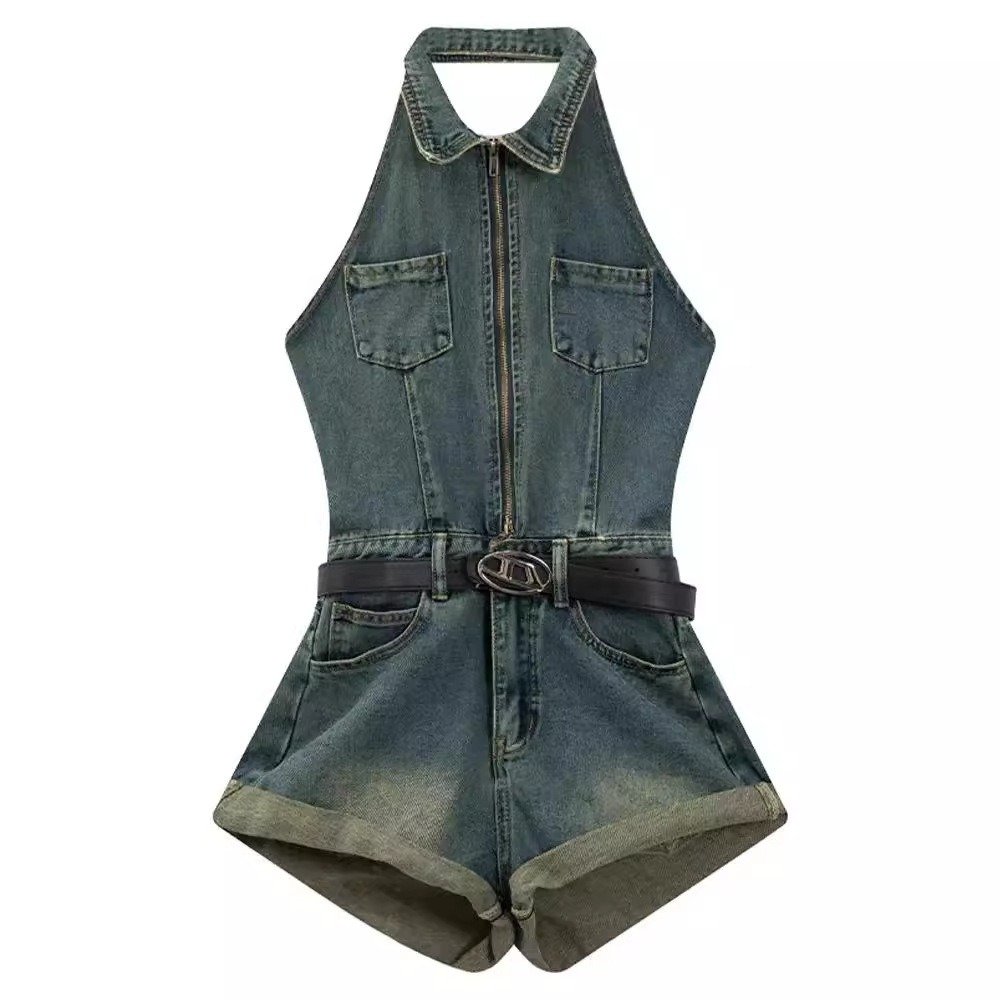 retro neck denim jumpsuit for women